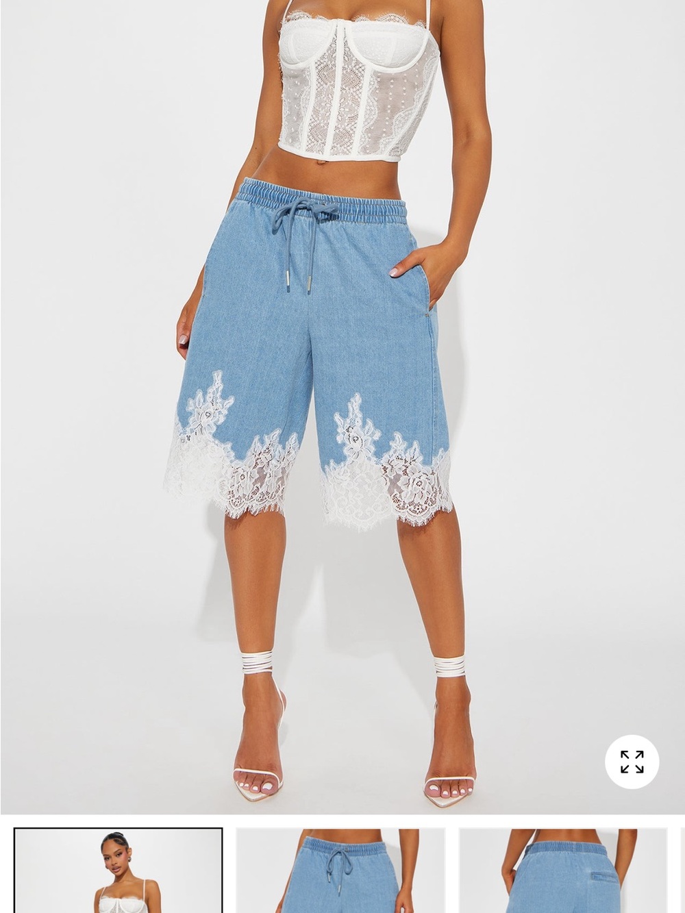 Fashion Nova Light Blue Denim Lace-Hem Drawstring Shorts